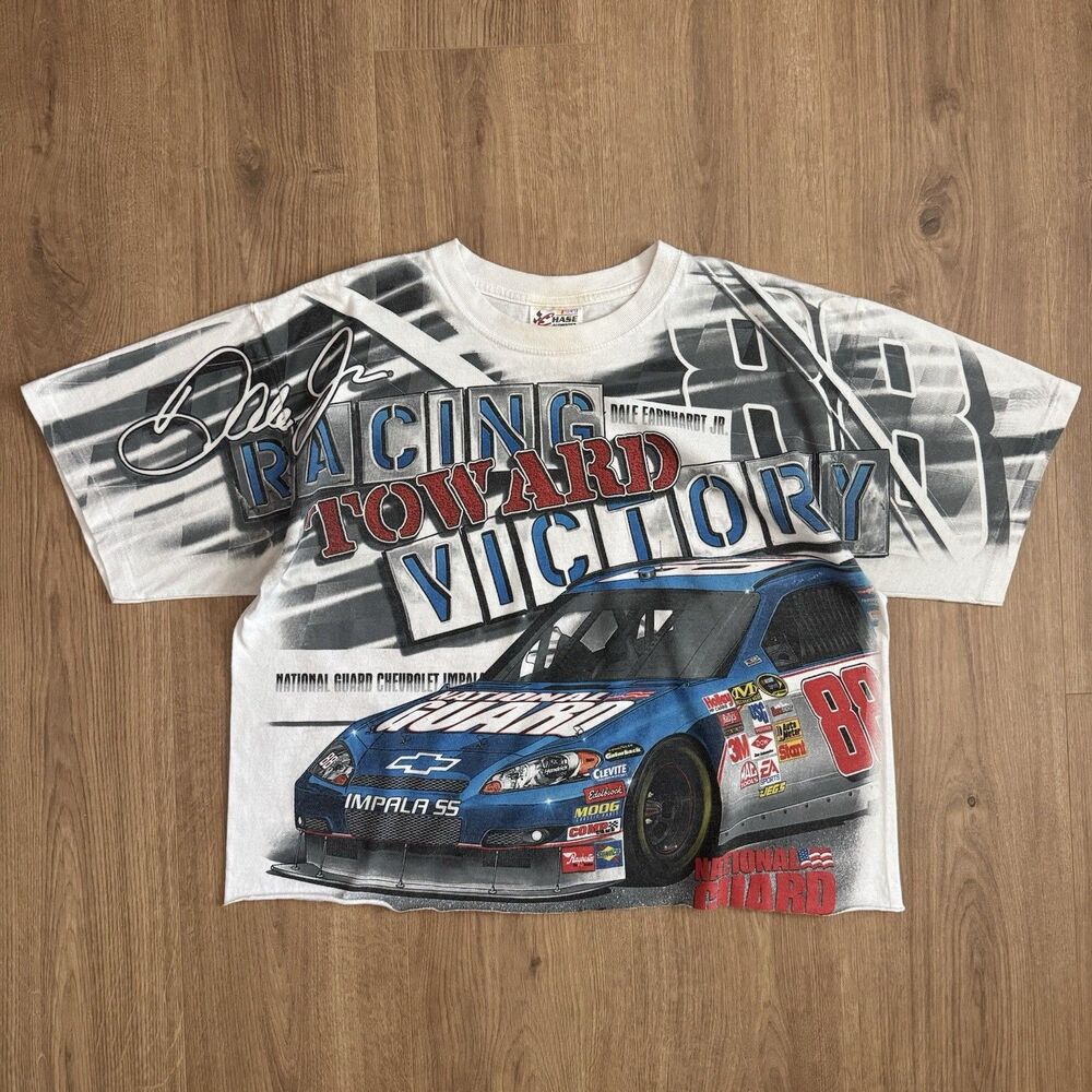 Vintage Dale Earnhardt Jr 88 National Guard NASCAR AOP Cropped Shirt L 22x22 Y2K